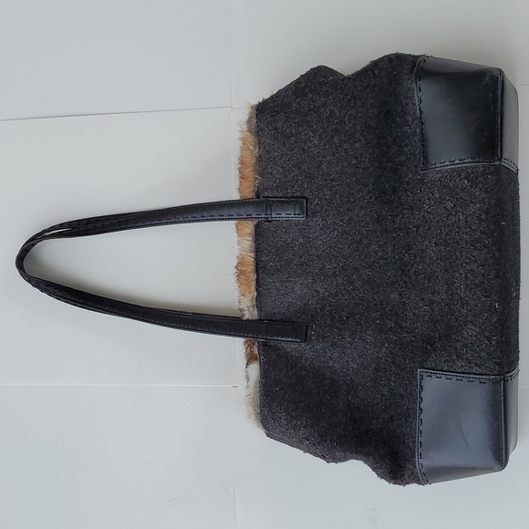 Cole Haan Grey Wool Black Leather and Rabbit Fur Trim Shoulder Bag Purse - Picture 5 of 9
